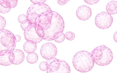 Bitcoin economic financial bubble. crypto currency 3D illustration. Business concept. Pink bubbles on white background. Bit, Coin, mining concept