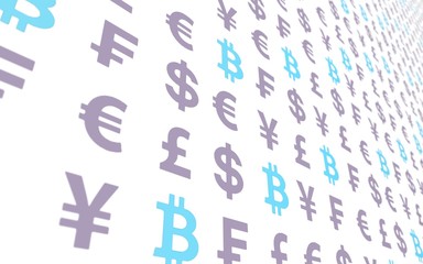 Bitcoin and currency on a white background. Digital crypto currency symbol. Business concept. Market Display. 3D illustration