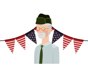 veteran war old man with flag of united states background