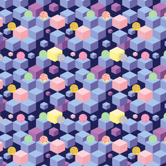 Abstract seamless pattern with blue and light pink and yellow cubes and star colored balls on a dark blue background