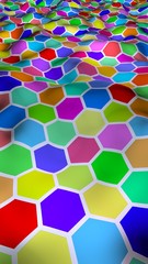 Honeycomb multi-colored. Perspective view on polygon look like honeycomb. Wavy surface. Isometric geometry. 3D illustration