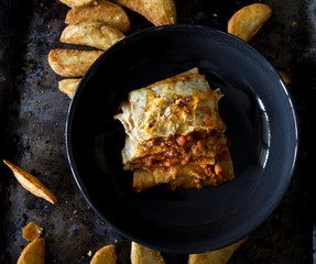 Italian Meat Lasagna and chips