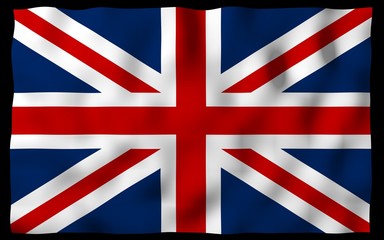 Waving flag of the Great Britain on dark background. British flag. United Kingdom of Great Britain and Northern Ireland. State symbol of the UK. 3D illustration