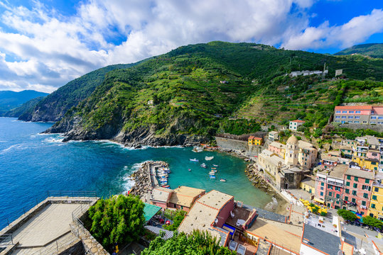 Vernazza Village at Cinque Terre National Park - View from castle to beautiful coast and village of Luguria, Italy