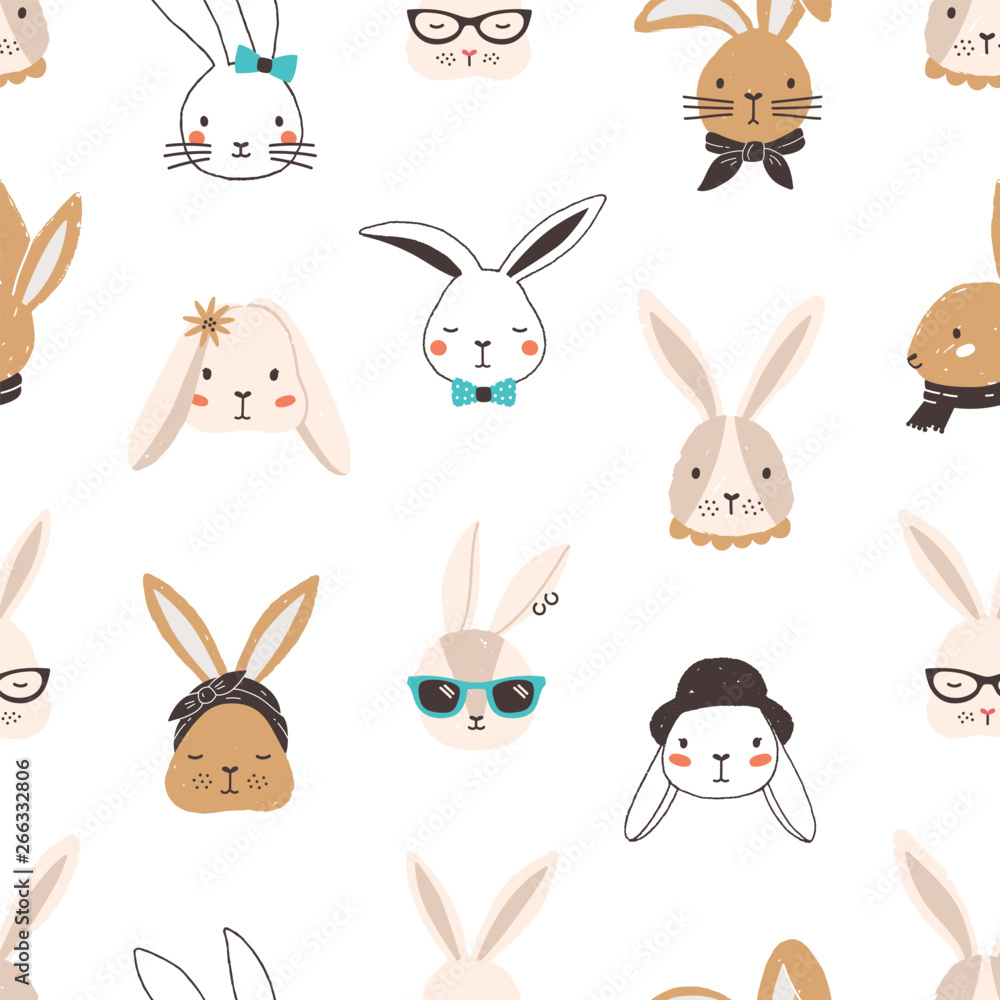 Aufkleber childish seamless pattern with funny bunny faces on white background