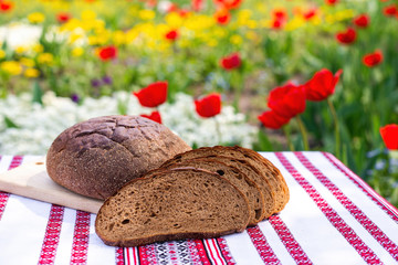 Rye bread on a wooden board against the background of spring flowers. fresh bread on a background of blooming tulips