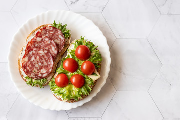 Fresh sandwiches with sausage, cheese, bacon, tomatoes, lettuce, cucumbers on a light background....