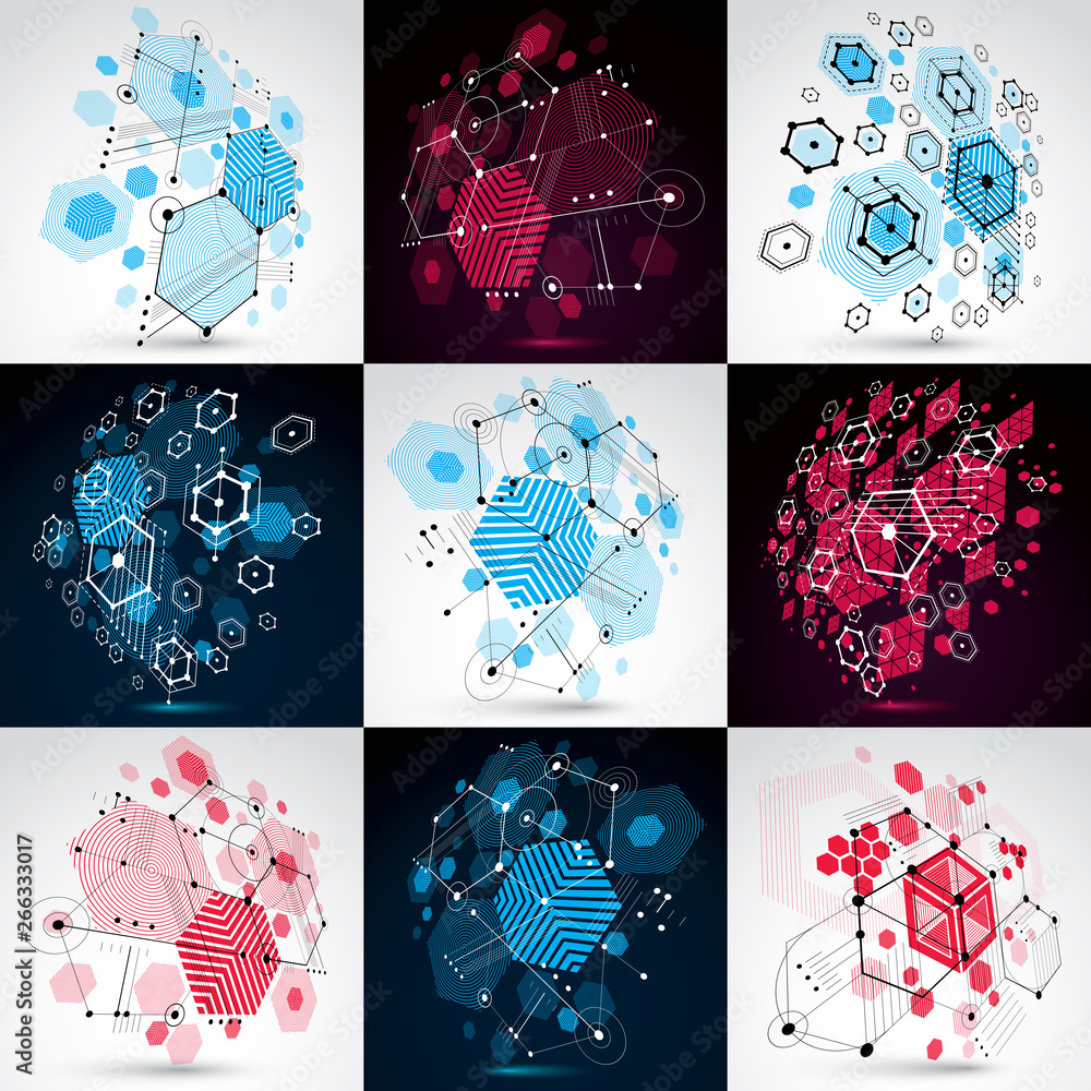 Poster set of vector bauhaus abstract backgrounds made with grid and overlapping simple geometric elements,