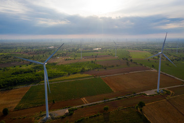 Aerial view of wind turbines on the field. Production of clean energy without pollution for the environment. Cleaner Power generation