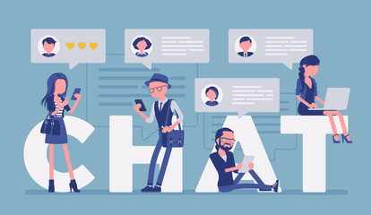 Chat letters and friends communication with smartphone and laptop. Group of people take part in discussion, exchange message online, sending photo on internet. Vector illustration, faceless characters