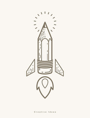 Pencil launching like a rocket start up, creative energy genius artist or designer, vector design and creativity logo or icon, art startup.