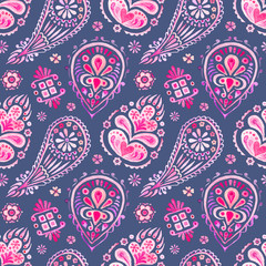 Hand drawn watercolor seamless pattern with paisley ornament