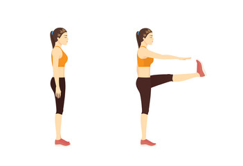 Woman doing Standing Toe Touch Stretches Exercise in 2 step. Illustration about warm up and cool down and workout.