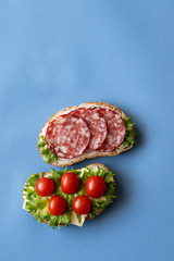 Fresh sandwiches with sausage, cheese, bacon, tomatoes, lettuce, cucumbers on a blue background. Vertical orientation