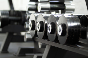 Fototapeta premium Rows of metal dumbbells on rack in the gym. Weight training equipment.