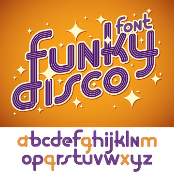 Set of vector rounded lower case funky English alphabet letters with parallel lines, can be used as logo design element for event companies.