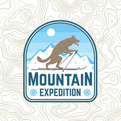 Mountain expedition patch. Vector. Concept for shirt or badge, print, stamp or tee. Vintage typography design with wolf on the ski silhouette. Outdoors adventure emblem.