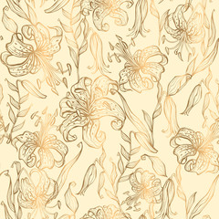 Seamless pattern.Gold lilies on a vanilla background. Vector.