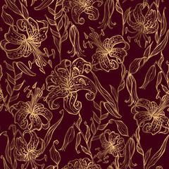 Gold lilies on a Burgundy background. Seamless pattern. Vector.