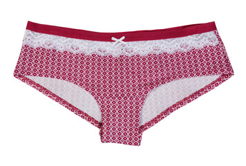 Red women's panties with a pattern. Isolate on white