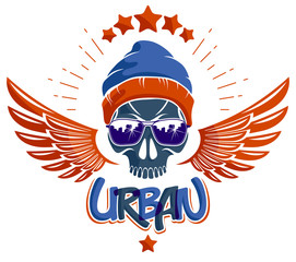 Urban culture style skull in sunglasses vector logo or emblem, gangster or thug illustration, anarchy chaos hooligan, ghetto theme.