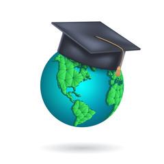 Earth Globe with a graduation cap. Concept of global learning, international student exchange program, studying abroad. Vector illustration for banner, poster, presentation, website.