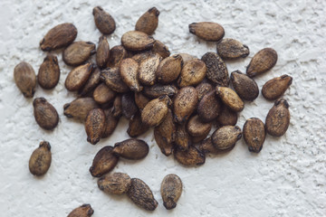 A heap of dried black watermelon seeds close-up on a white table background. planting season. close up top view copy space