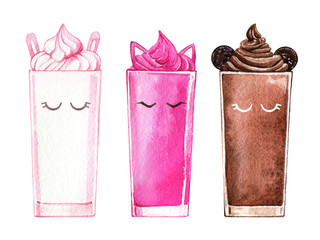 Milkshake kawaii animal face cream glass children watercolor isolated set