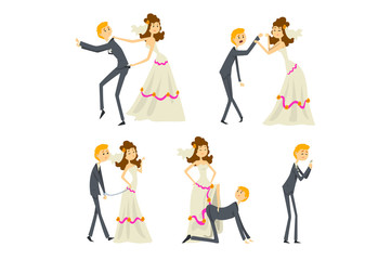 Fototapeta na wymiar Couple of newlyweds set, henpecked man, husband dominated by wife cartoon vector Illustrations on a white background