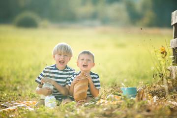 Cute little boys drinking milk and eating bread outdoors. Boys on the farm