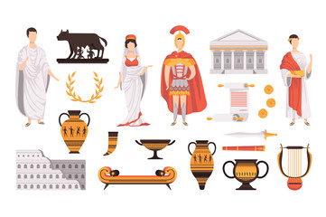 Traditional cultural symbols of ancient Rome set vector Illustrations on a white background - obrazy, fototapety, plakaty