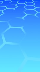 Translucent, with breaks, honeycomb on a gradient blue sky background. Perspective view on polygon look like honeycomb. Isometric geometry. 3D illustration