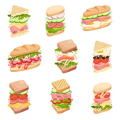 Set sandwiches. In a loaf, square and triangular toasts, with different fillings. Vector illustration.