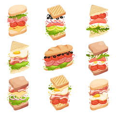 Sandwiches collection. Different forms and composition. Vector illustration.