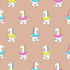 Cute dino in a lifebuoy doodle style seamless pattern. Hand drawn child pattern for clothes fabric and wallpaper.
