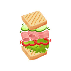 Sandwich on square toasts with bacon. Vector illustration on white background.