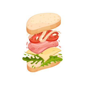 Sandwich on an oval piece of loaf with ham. Vector illustration on white background.