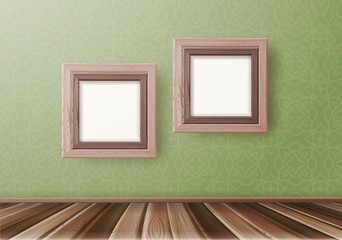 Realistic wooden frame on green wall. Mock up for art gallery