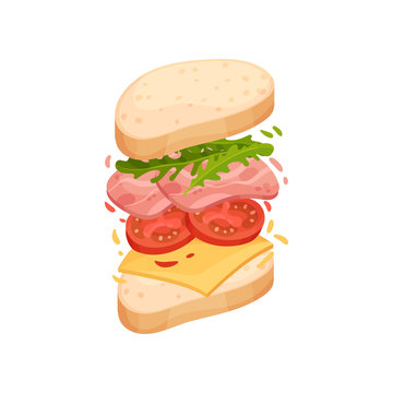 Sandwich on an oval piece of loaf with ham and cheese. Vector illustration on white background.