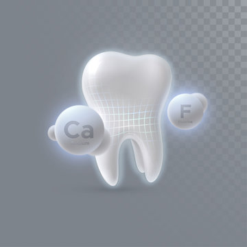 Realistic 3d tooth with calcium and fluorine particles isolated on transparent background. Vector dentistry illustration. Medical or healthcare concept. Teeth protection. Toothpaste ads design element