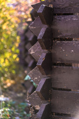 Beautiful autumn background. Wooden fence in rural areas. Farm Stock photo