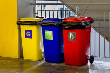 Yellow, blue,red recycle trash bin and recycle symbol