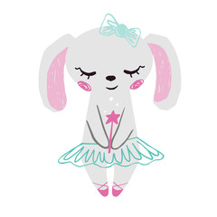Fototapeta premium Bunny baby girl cute print. Sweet rabbit with magic wand, bow, ballet tutu, pointe shoes.