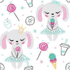 Bunny baby girl cute seamless pattern. Sweet rabbit with sweets, lollipop, coffee, ice cream, tutu.