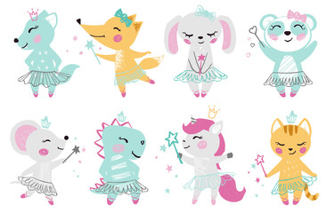 Obraz na płótnie Canvas Animal baby girl cute print. Unicorn, bunny, fox, wolf, panda, mouse, cat, kitten, dinosaur with magic wand, bow, ballet tutu, pointe.