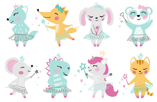 Animal baby girl cute print. Unicorn, bunny, fox, wolf, panda, mouse, cat, kitten, dinosaur with magic wand, bow, ballet tutu, pointe.