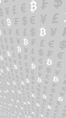 Bitcoin and currency on a gray background. Digital crypto currency symbol. Business concept. Market Display. 3D illustration