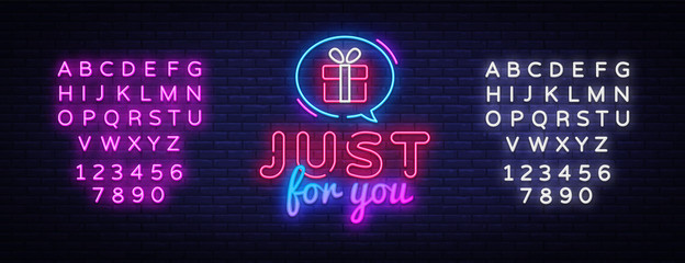 Gift Neon Sign Vector. Just For You neon design template, modern trend design, night signboard, night bright advertising, light banner, light art. Vector illustration. Editing text neon sign