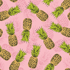 Pineapple seamless pattern, vector background with pineapples for hawaiian shirt, food wrapping, textile - obrazy, fototapety, plakaty