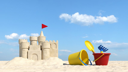 Urlaub am Strand mit Sandburg und Spielzeug - obrazy, fototapety, plakaty